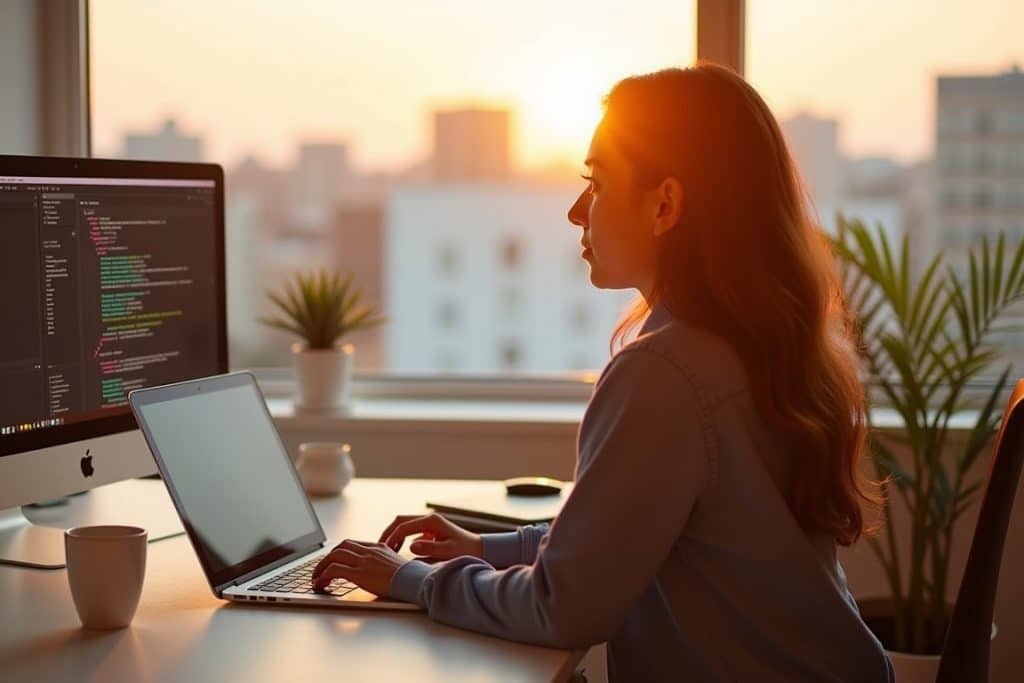 Девушка работает перед большим монитором с ноутбуком и всё это про закате солнца