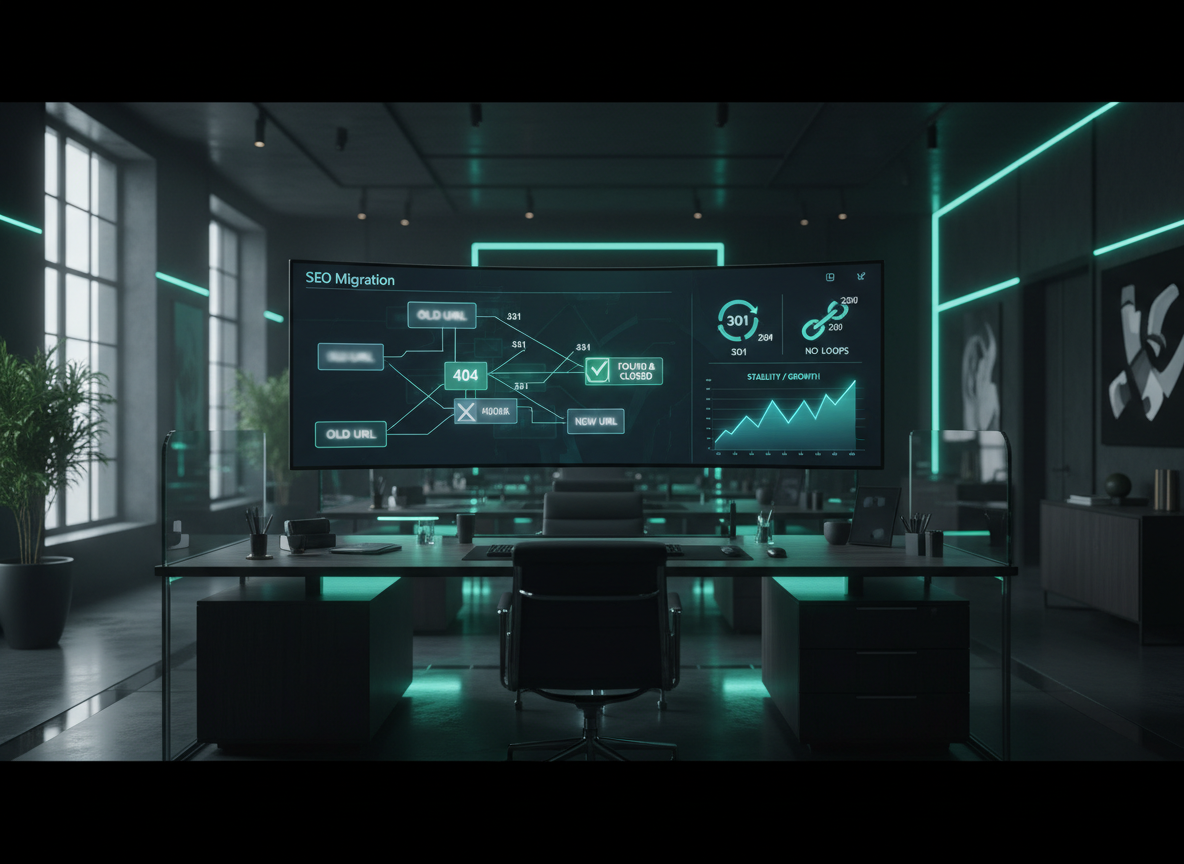 Перенос сайта без потерь SEO — 301 редиректы и чистка 404: SEO-миграция, сохранение веса URL, перенос /ru/ и домена